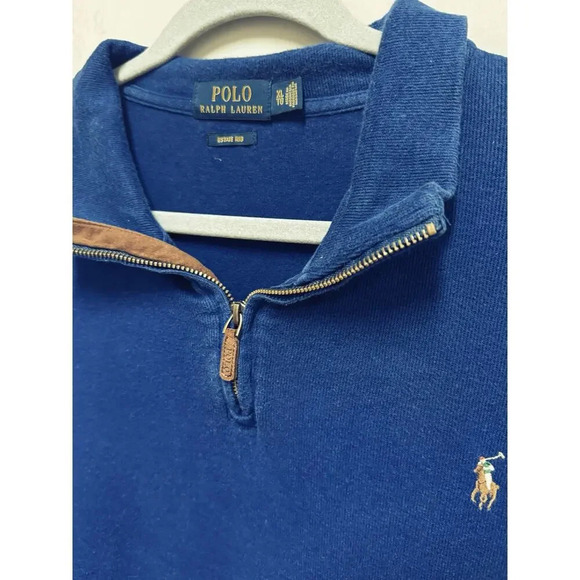 Polo Ralph Lauren Estate Rib 1/4 Zip Mens Blue Sweater Size XL Leather Details - Picture 3 of 5
